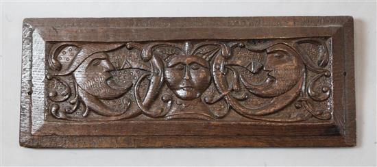 A 17th century oak panel, 20.5 x 8in.